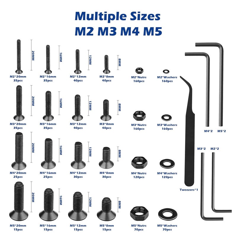 JROUTH 1500pcs Screws Assortment , M2 M3 M4 M5 10.9 Grade Alloy Steel Hex Flat Head Cap Bolts Nuts Washers Assortment Kit with Hex Wrenches, A Black Hex Flat Head Cap Bolts, (M2-M5-1500) - Image 2
